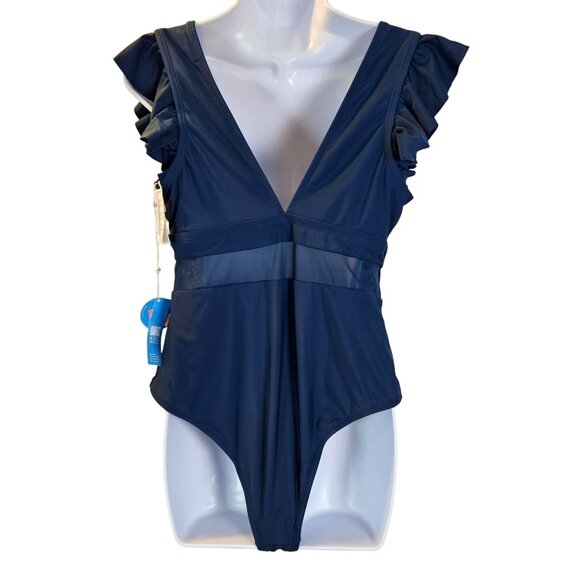 Womens Ruffled Sleeve Teal Blue One-Piece Swimsuit Mesh Paneling Size 16-18 - Picture 2 of 9